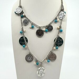 Vintage Silver Tone Boho Layered Statement Necklace Turquoise Color Beaded Coin